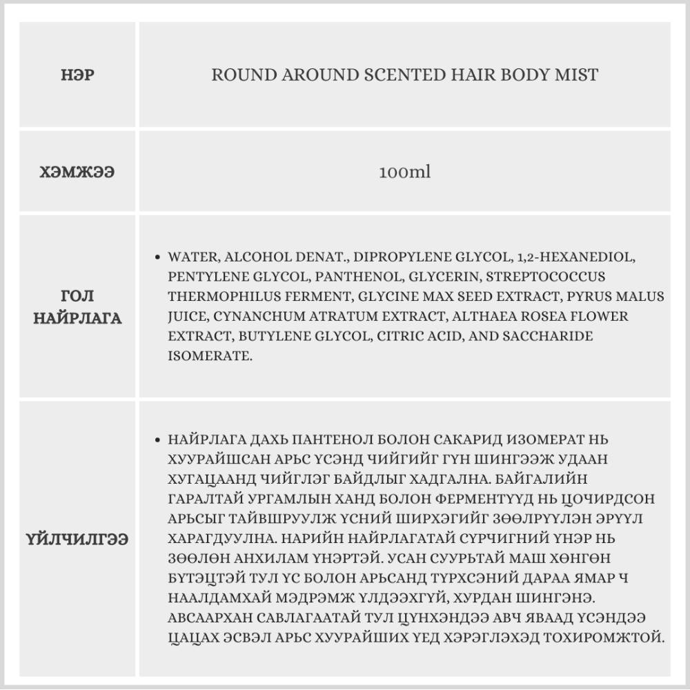 Round Around Scented Hair Body Mist, 100ml /Үсний мист/ | Monpang